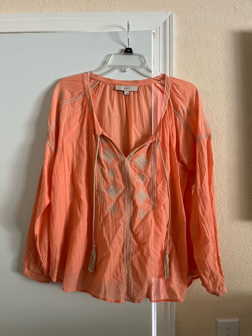 LOFT Coral Embroidered Peasant Tunic Top